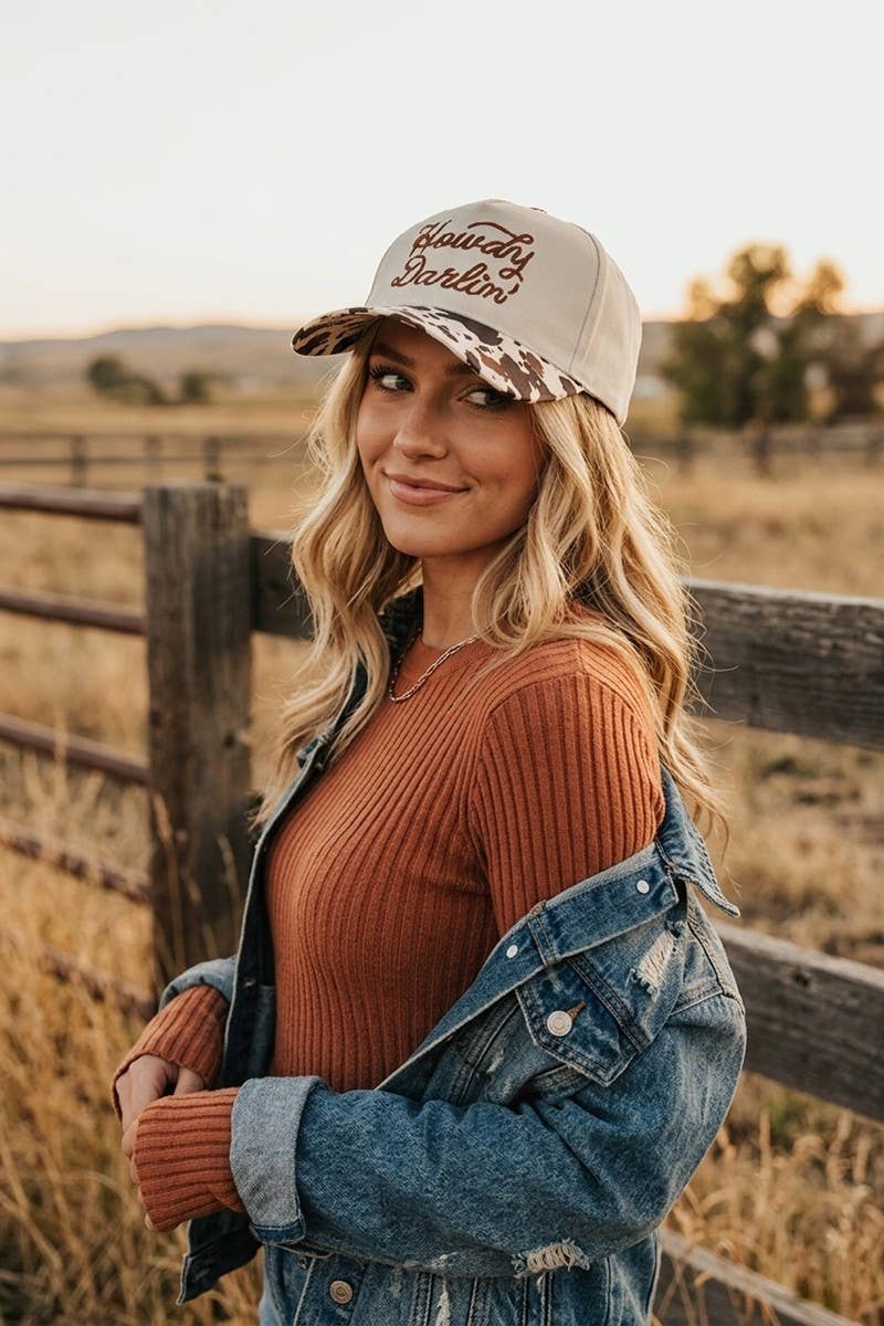 `Howdy Darlin Cow Print Trucker